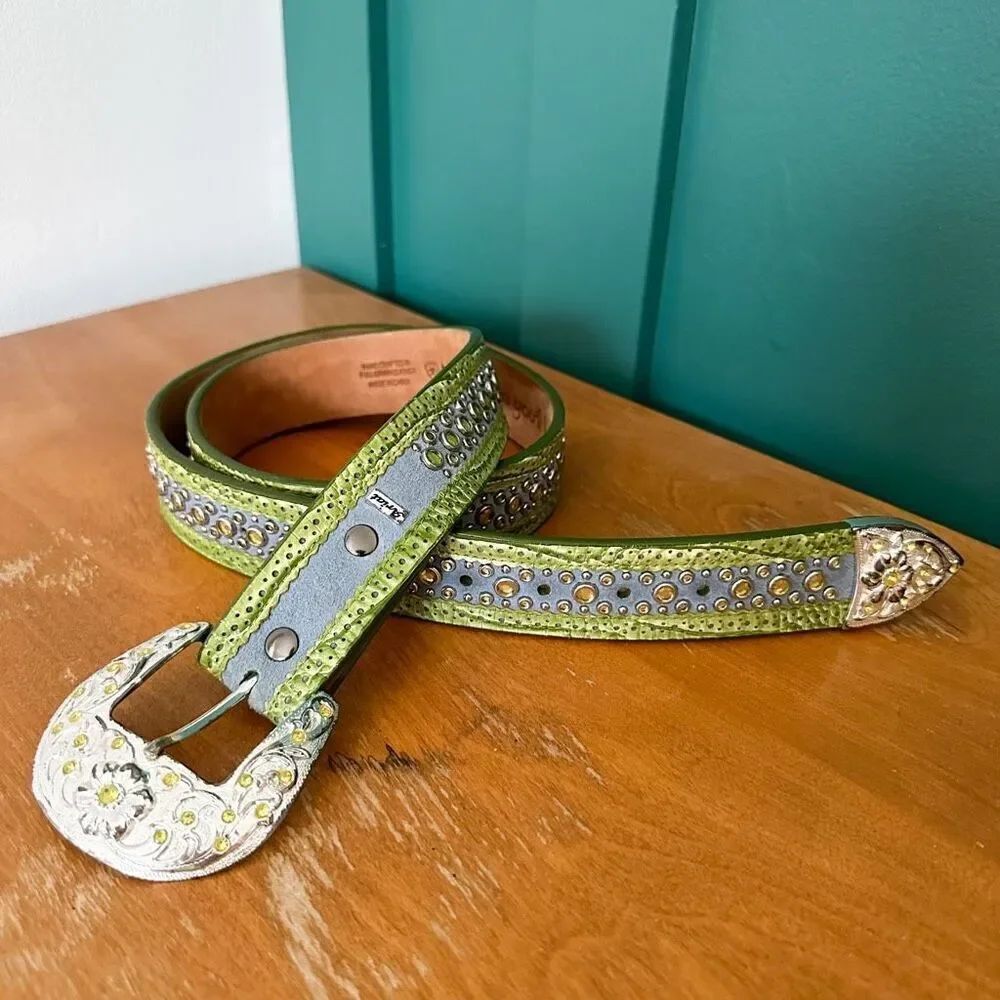 Ariat Women’s Suede Dusty Blue Green Leather Heavily Beaded Chartreuse Stone Bel